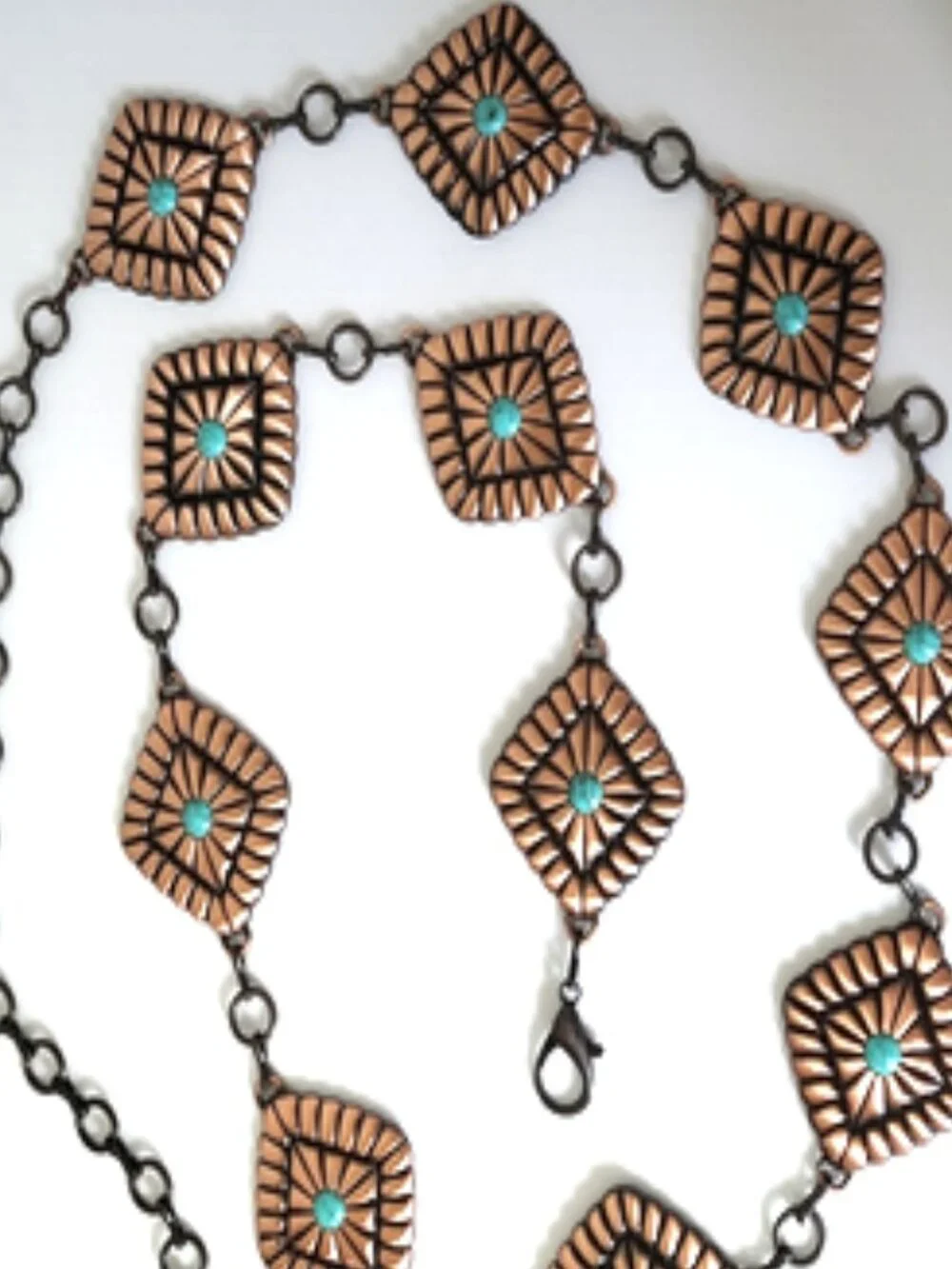Turquoise Accent Diamond Shape Concho Copper-Tone Linked Waist Chain Belt 39